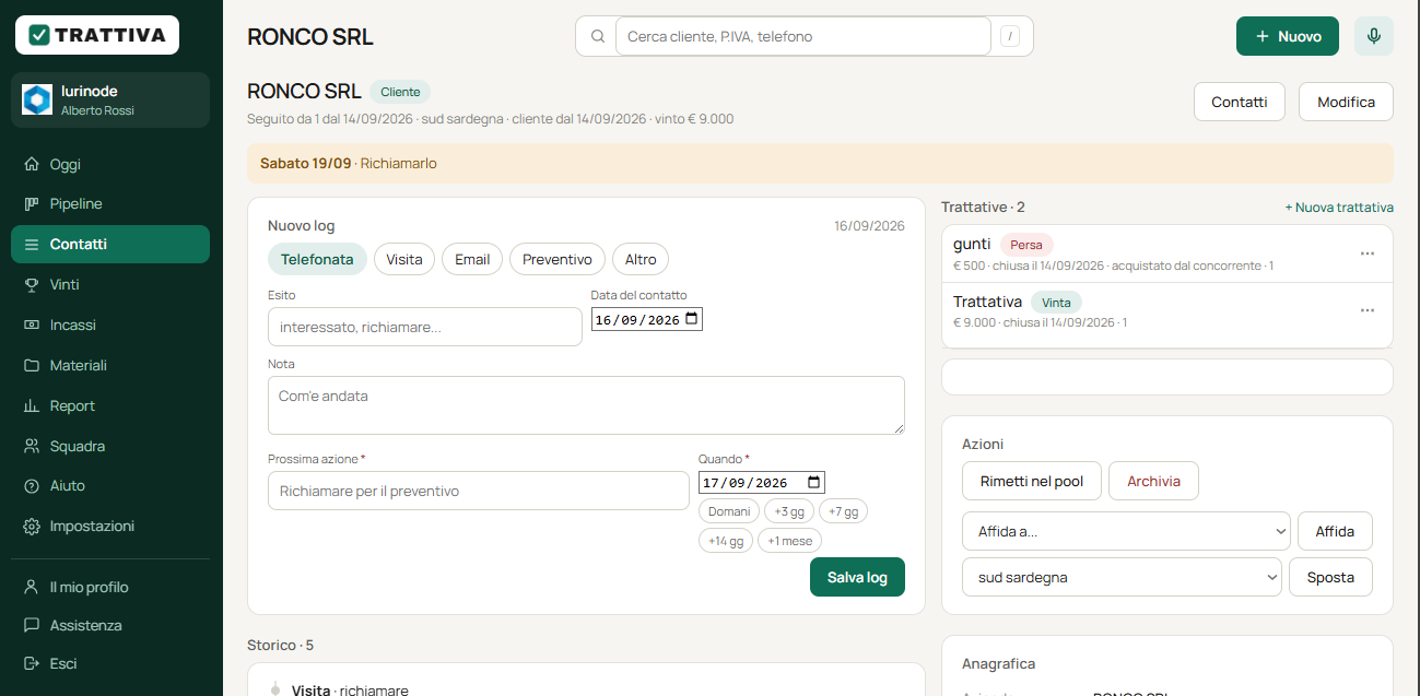 Scheda cliente di Trattiva con quick log e trattative della trattativa