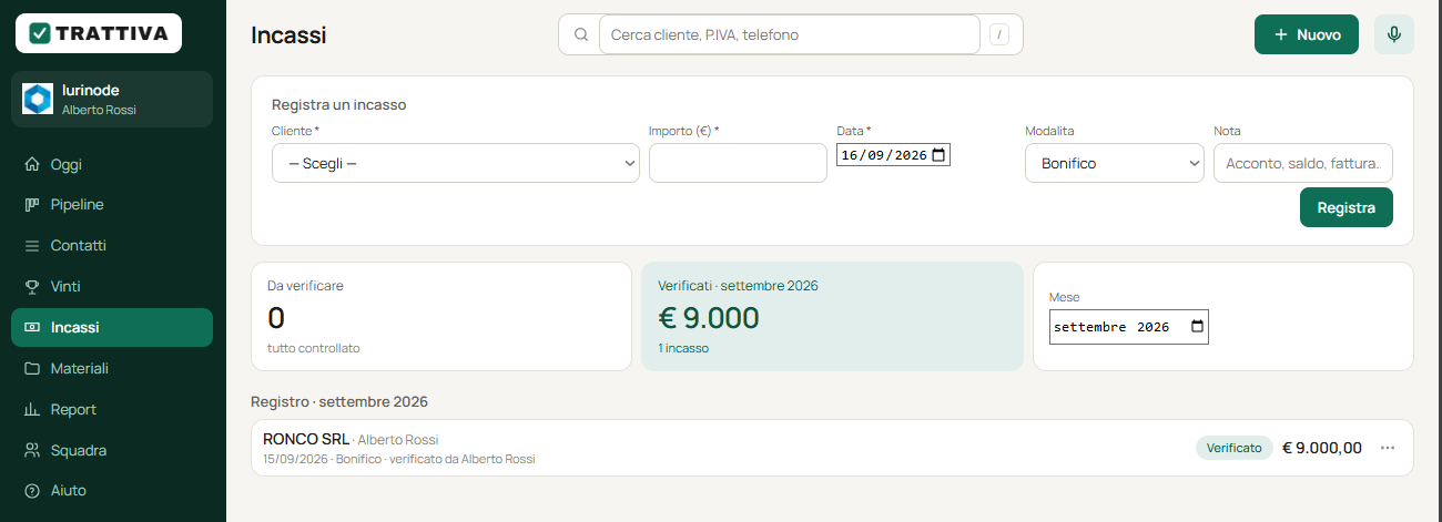 Pagina Incassi di Trattiva con registrazione e verifica dei pagamenti